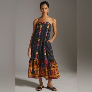 Farm Rio Anthropologie Embroidered Maxi Strapless Tie Back Dress